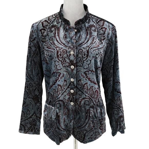 Coldwater Creek Jackets & Blazers - Coldwater Creek Jacket Petites PL LP Paisley Velour Burgundy Blue Blazer